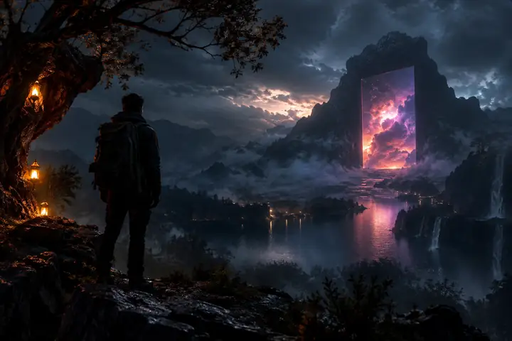 Atmosphärische, dunkle Kreativszene im Freien mit vereinzelten farbigen Lichtern und einem filmischen, strukturierten Hintergrund.