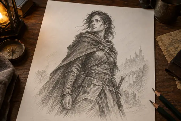Bleistift-Konzeptskizze einer Fantasy-Abenteurerfigur mit Umhang, mittig auf einem leeren Zeichenblatt.