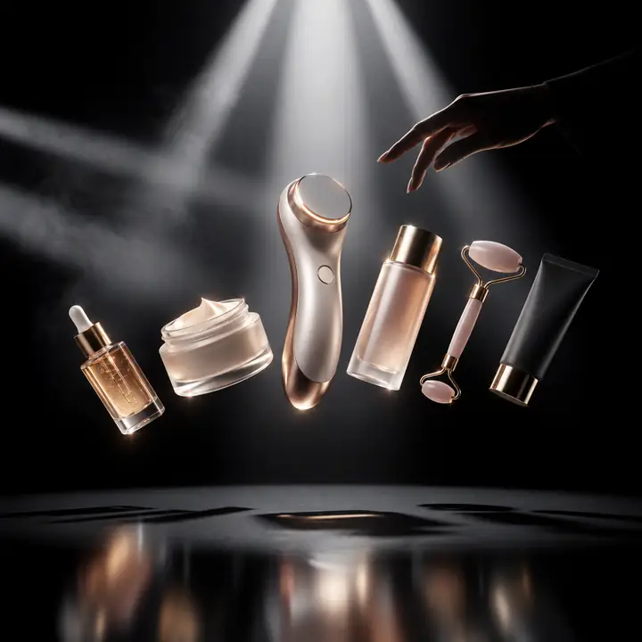 Eine Auswahl hochwertiger Beauty-Produkte bei weichem Studiolicht.