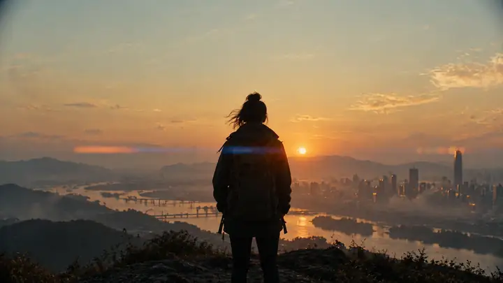 Eine einzelne Silhouette vor einem warmen, dunstigen Sonnenuntergang.