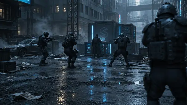 Atmosphärische, filmische Actionszene auf einer blaugrauen Stadtstraße.