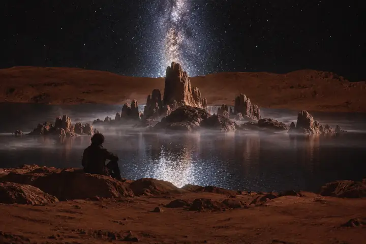 Atmosphärische Wüstenlandschaft unter einem dunklen Sternenhimmel.