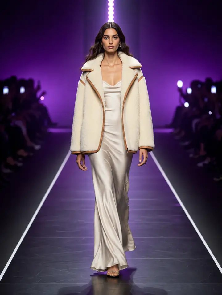 Model in cremefarbener Jacke auf einem violett beleuchteten Laufsteg.