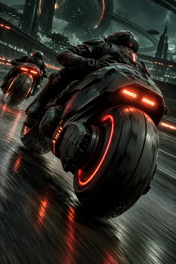 Futuristische Fahrer und leuchtende Maschinen in einer dunklen Science-Fiction-Szene.